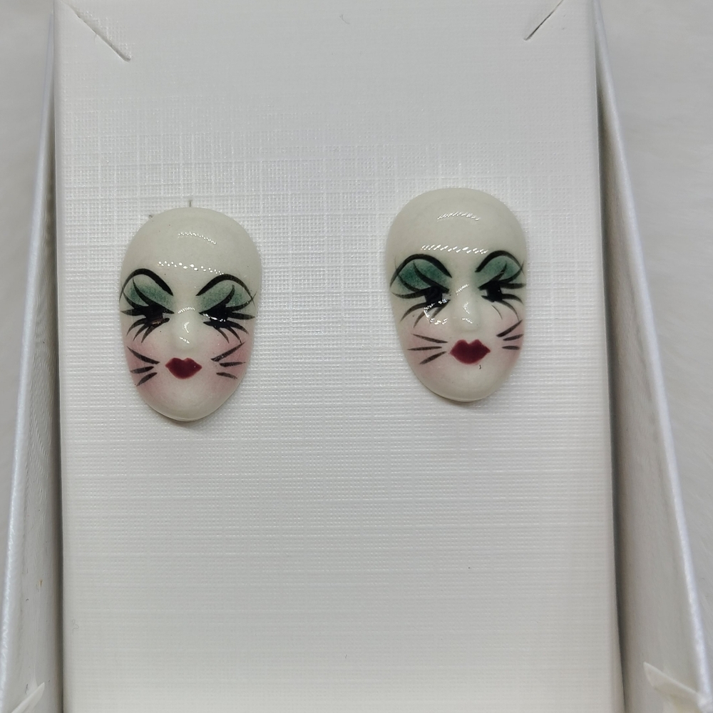 Vintage Fancy Faces Hand Painted Porcelian Mardi Gras Mask Stud Earrings